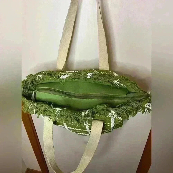 Women’s Large Shoulder Boho Style Tote Bag, Green/White - Picture 4 of 7